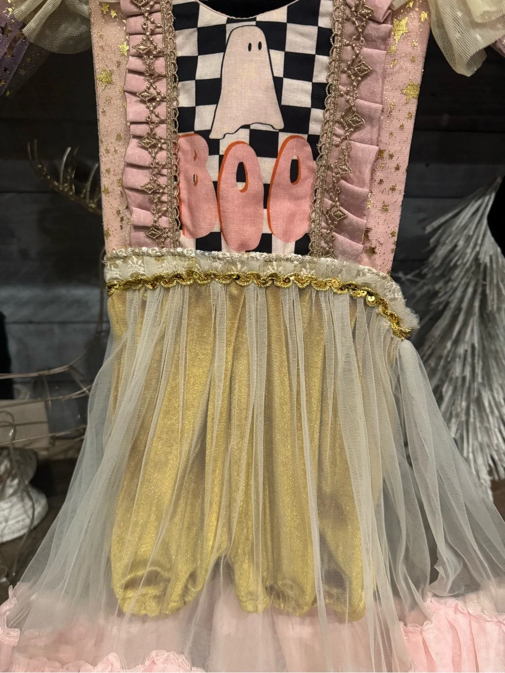 Pink & Gold Ghost Ruffle Halloween Costume Dress for Kids